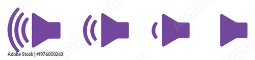 Purple speaker volume icons, audio level adjustment symbols, sound control vector set