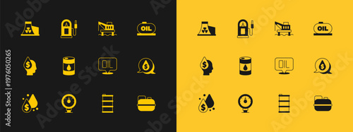 Set Oil tank storage, Motor gas gauge, Word oil, Barrel, platform in the sea, Nuclear power plant and Petrol station icon. Vector