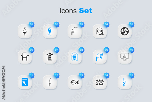 Set Dried fish, Lighthouse, Fishing lure, Served on plate, Hand ice drill, hook, float and Inflatable boat with motor icon. Vector