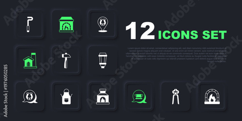 Set Blacksmith pliers tool, oven, Hammer, anvil, Smithy workshop interior, apron, and icon. Vector