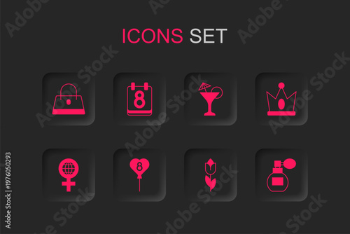 Set Balloons with 8 March, Calendar, Handbag, Flower tulip, King crown, Perfume, Martini glass and International Women Day icon. Vector