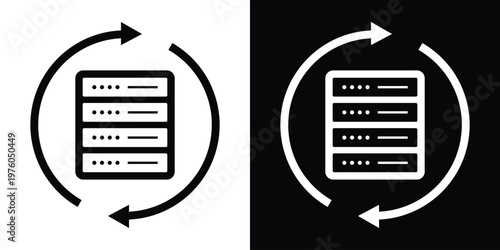 Vector illustration of a server rack surrounded by circular refresh arrows. Represents data synchronization, server updates, backup processing, and system maintenance.
