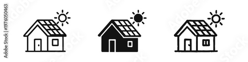 Solar house icons set. Home with photovoltaic panels and sun for sustainable energy living.