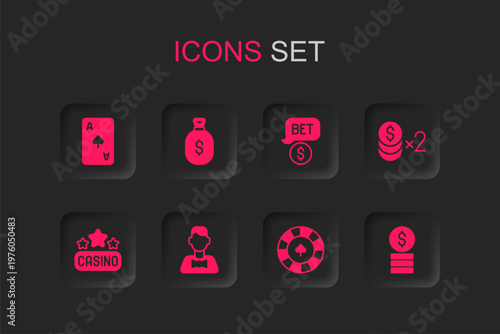 Set Casino dealer, Money bag, Playing card with spades symbol, chips, dollar, and signboard icon. Vector