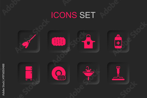 Set Washing dishes, Sponge, Handle broom, Washbasin, Antibacterial soap, Rubber cleaner for windows, Kitchen apron and Refrigerator icon. Vector