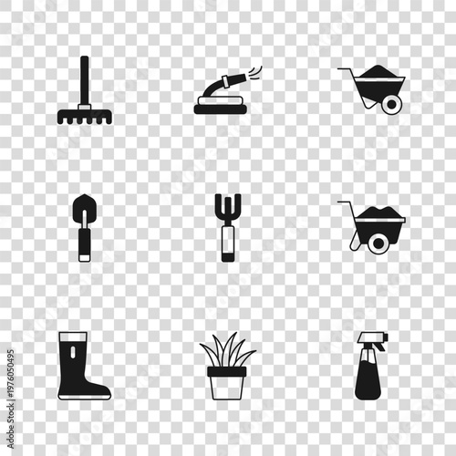 Set Plant in pot, Wheelbarrow, Garden sprayer for water, pitchfork, rake, hose and trowel spade shovel icon. Vector