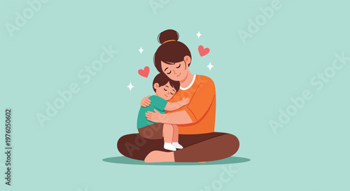 Loving Mother Embracing Her Child with Hearts.