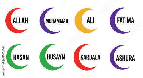 Islamic crescent symbols featuring names allah, muhammad, ali, fatima, hasan, husayn, karbala, and ashura in vibrant red, purple, yellow, and green colors, representing religious