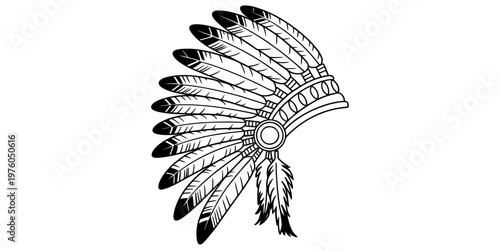 A detailed black and white line art illustration of a traditional native american war bonnet Vector, illustration