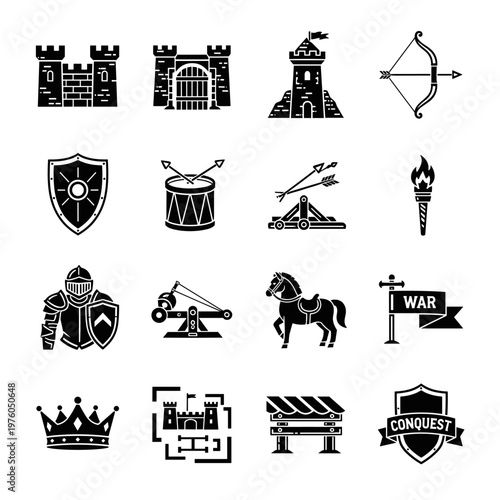 Medieval fortress, armored knight, horse, bow, arrows, shield, catapult, torch, crown, battle flag, architectural plan, and gate icons represent historical warfare, siege, and