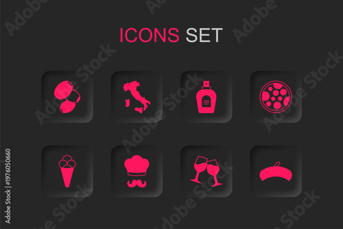 Set Italian cook, Map of Italy, Olives, Wine glass, Pizza, French beret, Perfume and Ice cream waffle icon. Vector