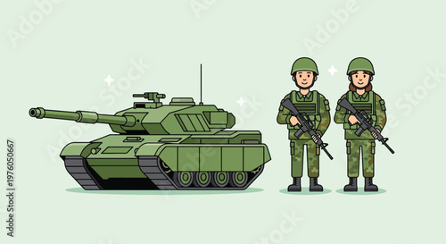 Military Tank and Soldiers Ready for Combat.
