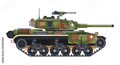 Military tank featuring a green and brown camouflage pattern with a mounted machine gun, detailed tracks, and a long cannon barrel, presented with clean lines and sharp shapes for