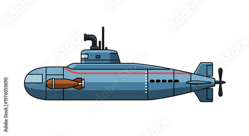 Modern blue submarine with torpedo, periscope, and propeller, featuring clean lines, bold outlines, and a striking red stripe, symbolizing underwater exploration, naval power, and