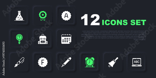 Set Ringing bell, Laptop, School backpack, Alarm clock, Unknown search, Exam paper with incorrect answers, Medal star and Pencil eraser icon. Vector