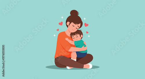 Mother Hugging Sleeping Child with Hearts Floating Around.