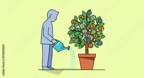 Person watering a money tree laden with dollar bills and coins, symbolizing financial growth, investment, and wealth accumulation through careful nurturing and cultivation.