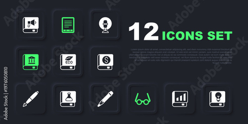 Set Financial book, User manual, Book about ecology, Glasses, Law, Chemistry, E-Book reader and Pencil with eraser icon. Vector
