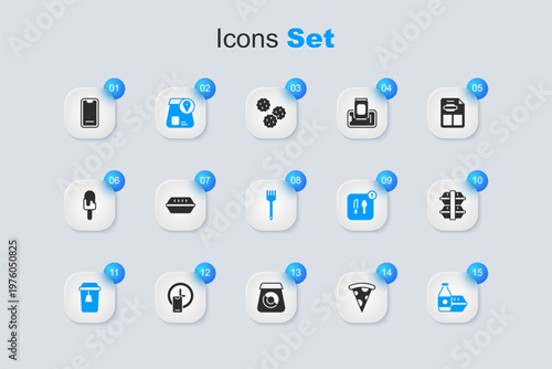 Set Slice of pizza, Lunch box, Online ordering food, Cup tea, Food on mobile and Fork icon. Vector