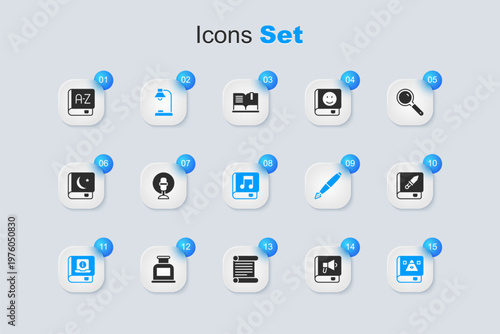 Set Book, Microphone, Table lamp, User manual, Ancient magic book, about weapon, Translator and Audio icon. Vector