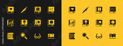 Set Translator book, Magnifying glass, Book about geometry, Glasses, User manual, Romance and Pen icon. Vector