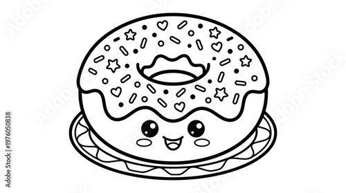 Cartoon donut with icing and sprinkles.