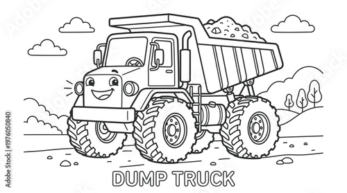 Smiling cartoon dump truck with big wheels.
