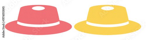 Minimalist summer boater hat vector icons, pink and yellow flat brim straw hats with white ribbon, stylish sun protection headwear set