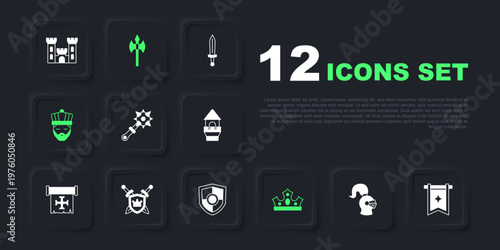 Set Medieval helmet, flag, Mace with spikes, King crown, Shield swords, axe and icon. Vector