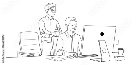Two male colleagues collaborating on a project while working at a computer in an office setting Vector, illustration