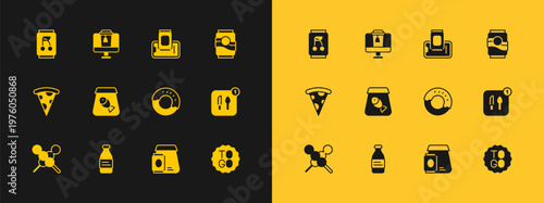 Set Soda can, Bottle of water, Donut, Online ordering food, fish, Food mobile, and icon. Vector