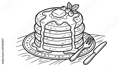 Stack of pancakes with syrup.