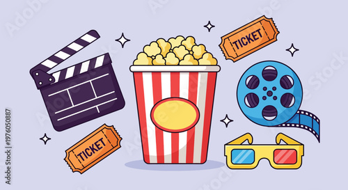 Movie Night Essentials Popcorn Clapperboard Film Reel Tickets and 3D Glasses.