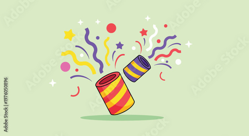 Party popper exploding with colorful confetti and streamers.