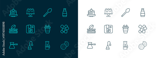 Set line Milk bottle, Tea bag, Coffee cup to go, Electric coffee grinder, Bag beans, Teaspoon, Piece cake and Cake icon. Vector