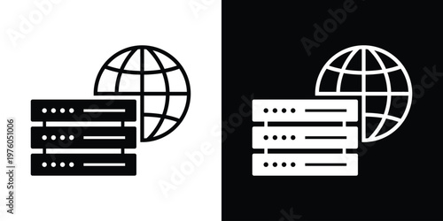 Professional vector icon showing a server rack in front of a wireframe globe. Perfect for international hosting, global networks, and worldwide data distribution.