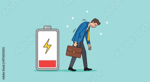 Tired Businessman with Low Battery Symbol Illustrates Exhaustion and Burnout.