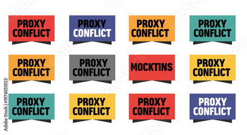Bold geometric banners display "proxy conflict" text in varying vibrant color blocks, featuring clean lines and a striking visual contrast for impactful design applications.