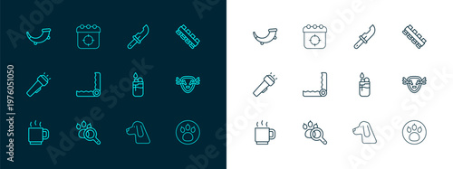 Set line Hunting cartridge belt, Paw search, Lighter, dog, Trap hunting, Hunter knife, horn and Target sport icon. Vector