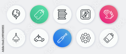 Set line Screwdriver, Electric glove, Lamp hanging, Electrical outlet, No lightning, Wire electric cable on reel, Battery charge and car icon. Vector