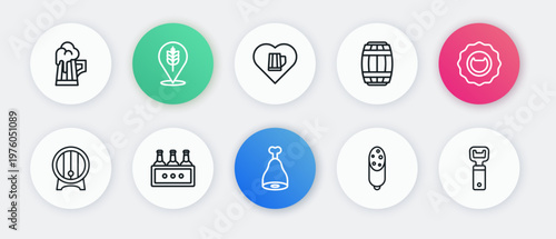Set line Chicken leg, Bottle opener, Wooden barrel on rack, Salami sausage, Heart with glass of beer, and Pack bottles icon. Vector