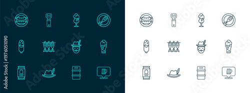 Set line Dried fish, Oktoberfest hat, man, Metal beer keg, Glass of, Sausage and Bottle opener icon. Vector