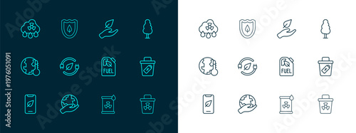Set line Tree, Hand holding Earth globe, Bio fuel canister, Radioactive waste barrel, Electric saving plug leaf, Leaf hand, Acid rain radioactive cloud and Shield with icon. Vector