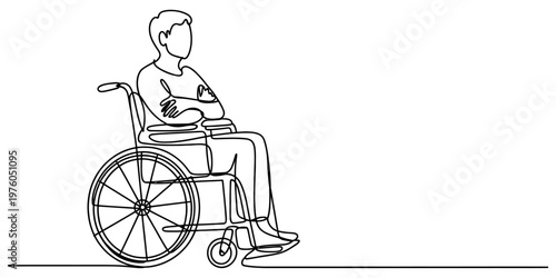 A single continuous line drawing of a person sitting in a wheelchair with arms crossed in profile Vector, illustration