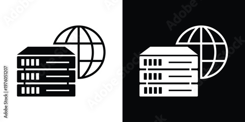 Professional vector icon showing a server rack in front of a wireframe globe. Perfect for international hosting, global networks, and worldwide data distribution.