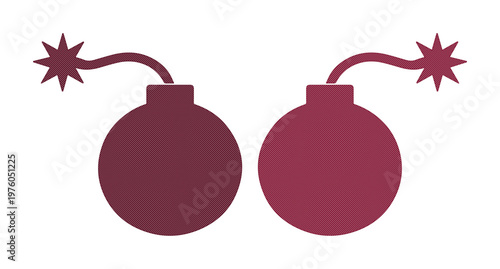 Minimalist bomb icons with lit fuses, set of two maroon explosive vector symbols, flat round bomb silhouettes for gaming and warning signs