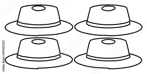 Minimalist boater hat icons, set of 4 summer headwear line art, flat brim straw hat eps vector