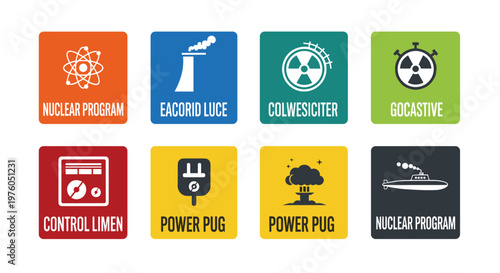 Collection of distinct vector icons representing nuclear energy, power generation, control systems, and submarines, presented in a clean, modern, and scalable graphic style with