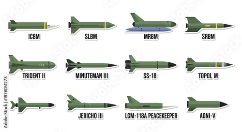 Collection of diverse missile types, including icbm, slbm, mrbm, srbm, trident ii, minuteman iii, ss-18, topol m, jericho iii, lgm-118a peacekeeper, and agni-v, rendered with