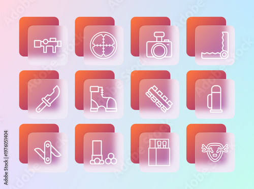 Set line Trap hunting, Cartridges, Hunting cartridge belt, Open matchbox and matches, Hunter boots, Photo camera, Sniper optical sight and icon. Vector